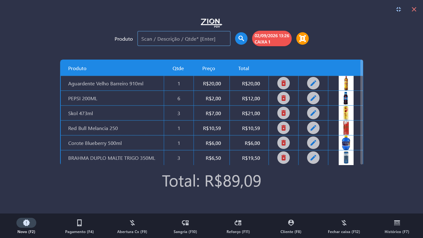 Frente de caixa do Zion PDV com itens, quantidades e total