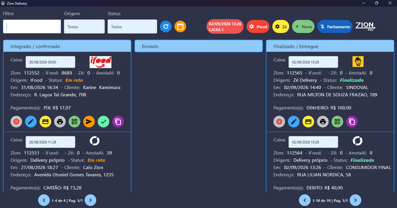 Painel de delivery do Zion com colunas Integrado, Enviado e Finalizado