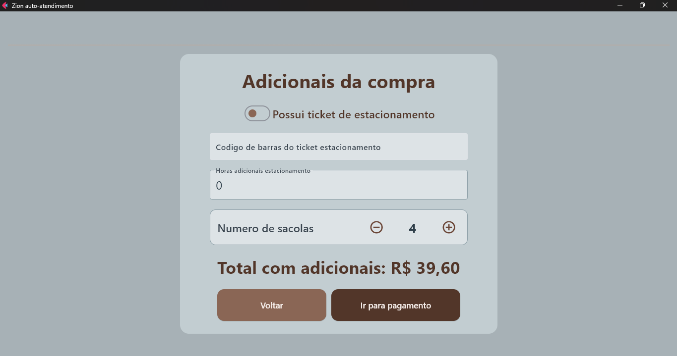 Adicionais da compra — estacionamento e sacolas