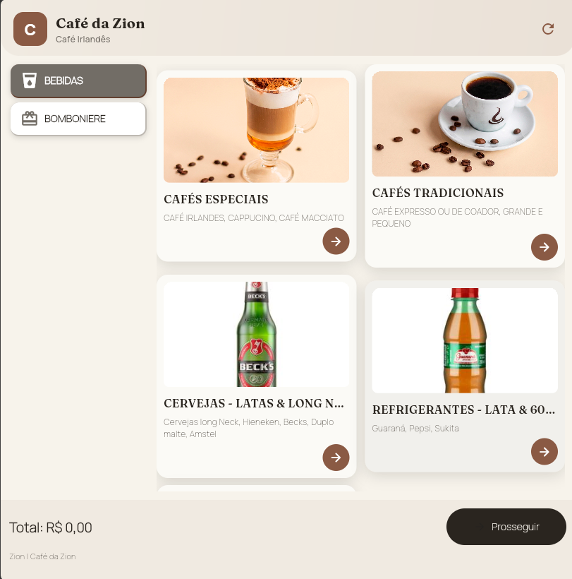 Tela de catálogo com as categorias Bebidas e Bomboniere e cards de produtos com foto e preço.