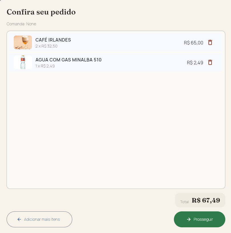 Tela “Confira seu pedido” com a lista de itens, quantidades, preços e o total.
