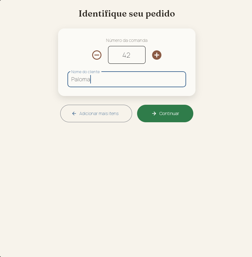 Tela “Identifique seu pedido” com o número da comanda e o nome do cliente.
